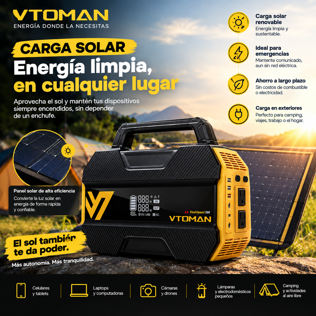 VTOMAN FlashSpeed 300 | Estación de Energía Portátil 300W | panel solar incluido