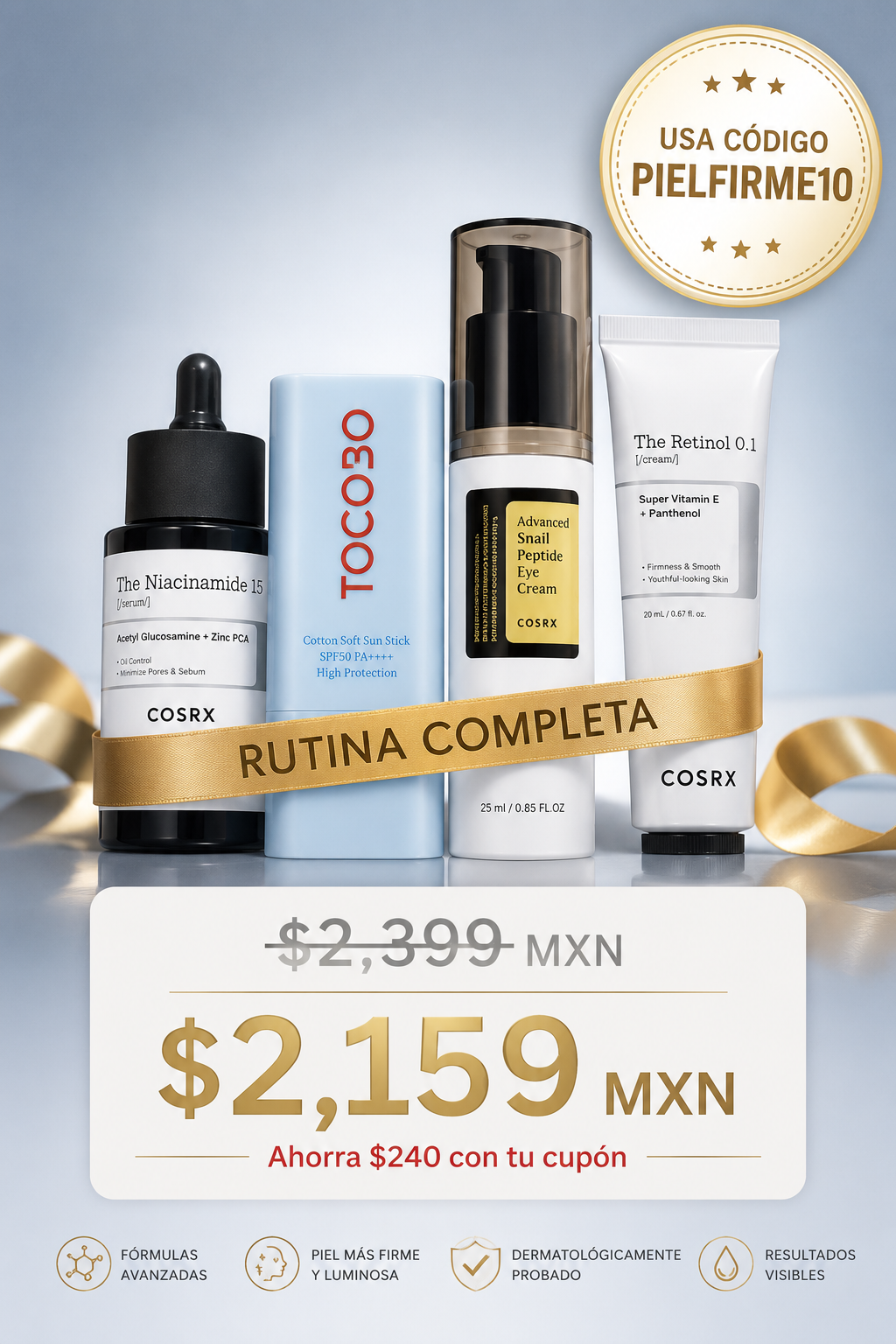Kit Antiedad Retinol y Péptidos | Rutina Firmeza 4 Piezas | Omere