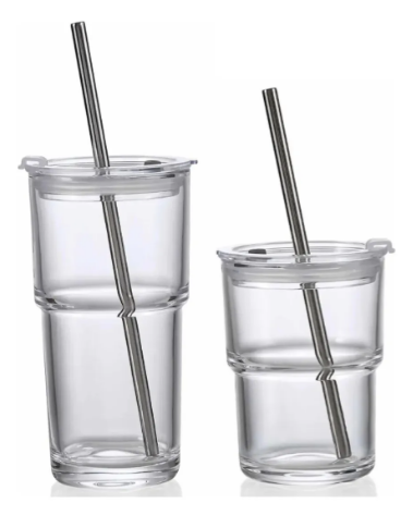 Vasos de Vidrio Crystal King | Set de 8 Piezas con Tapa y popotes de acero inoxidable