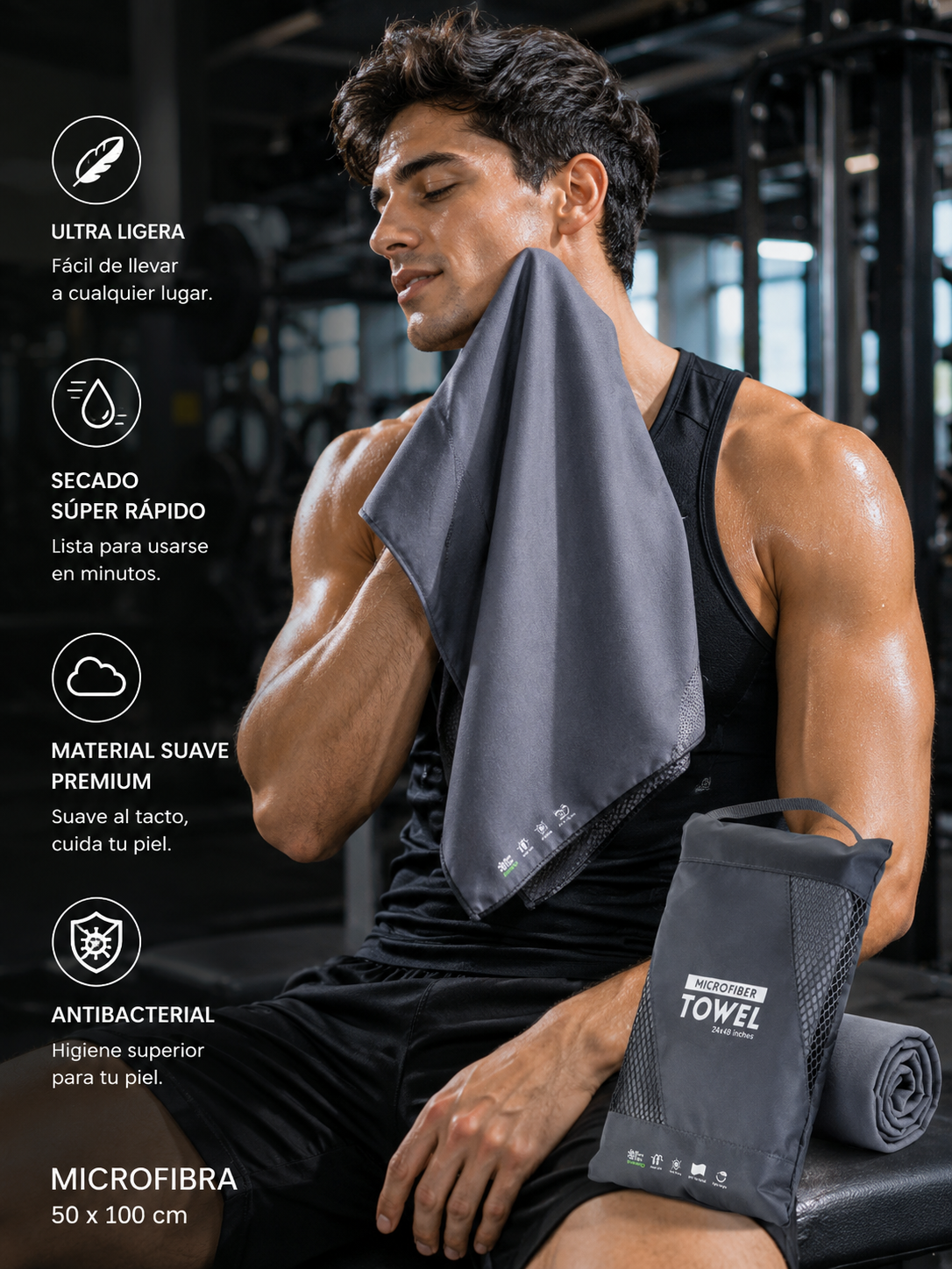 2 pack Toalla de Microfibra para Natación, Gym, Playa 50cm x 100cm Varios colores