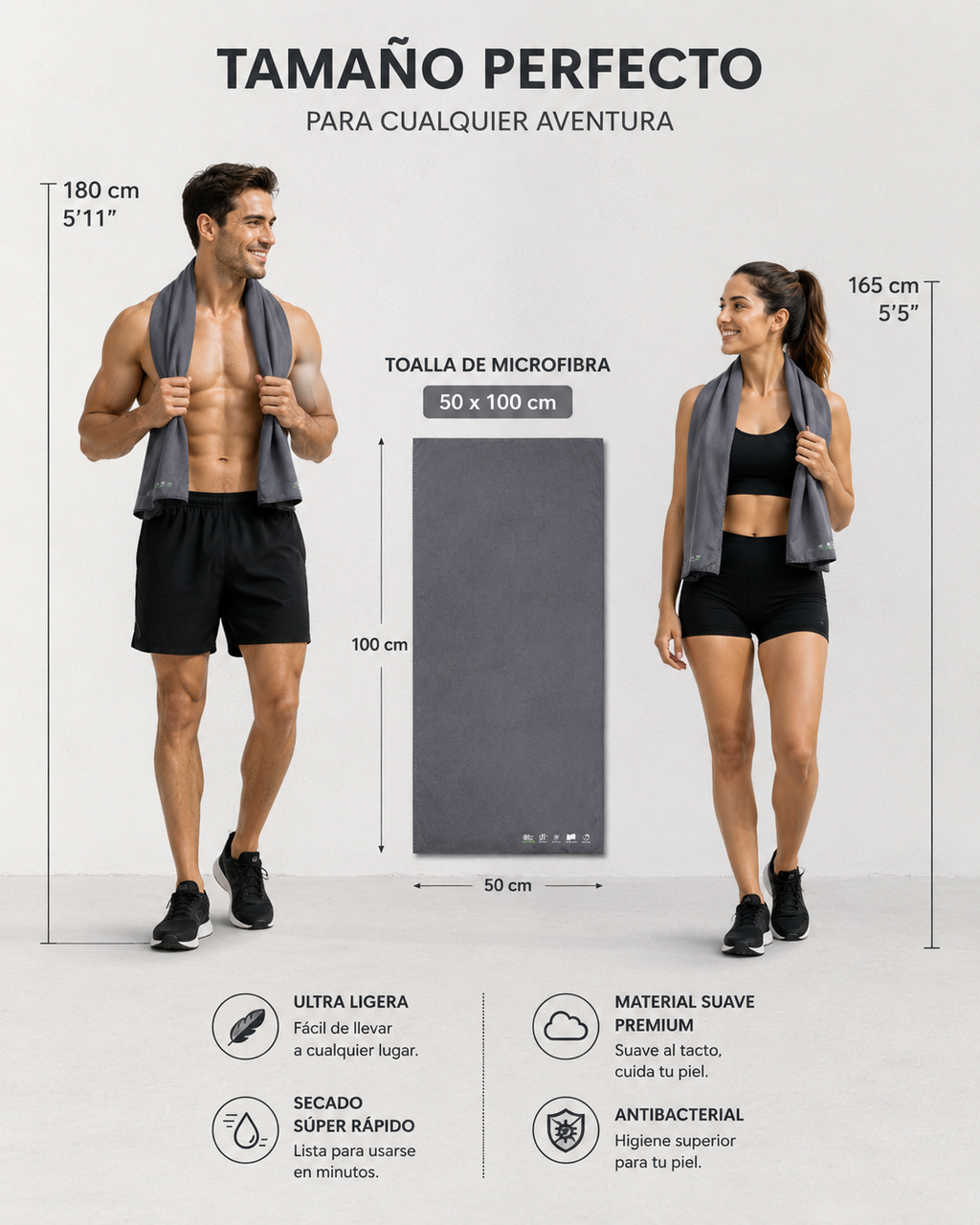 2 pack Toalla de Microfibra para Natación, Gym, Playa 50cm x 100cm Varios colores