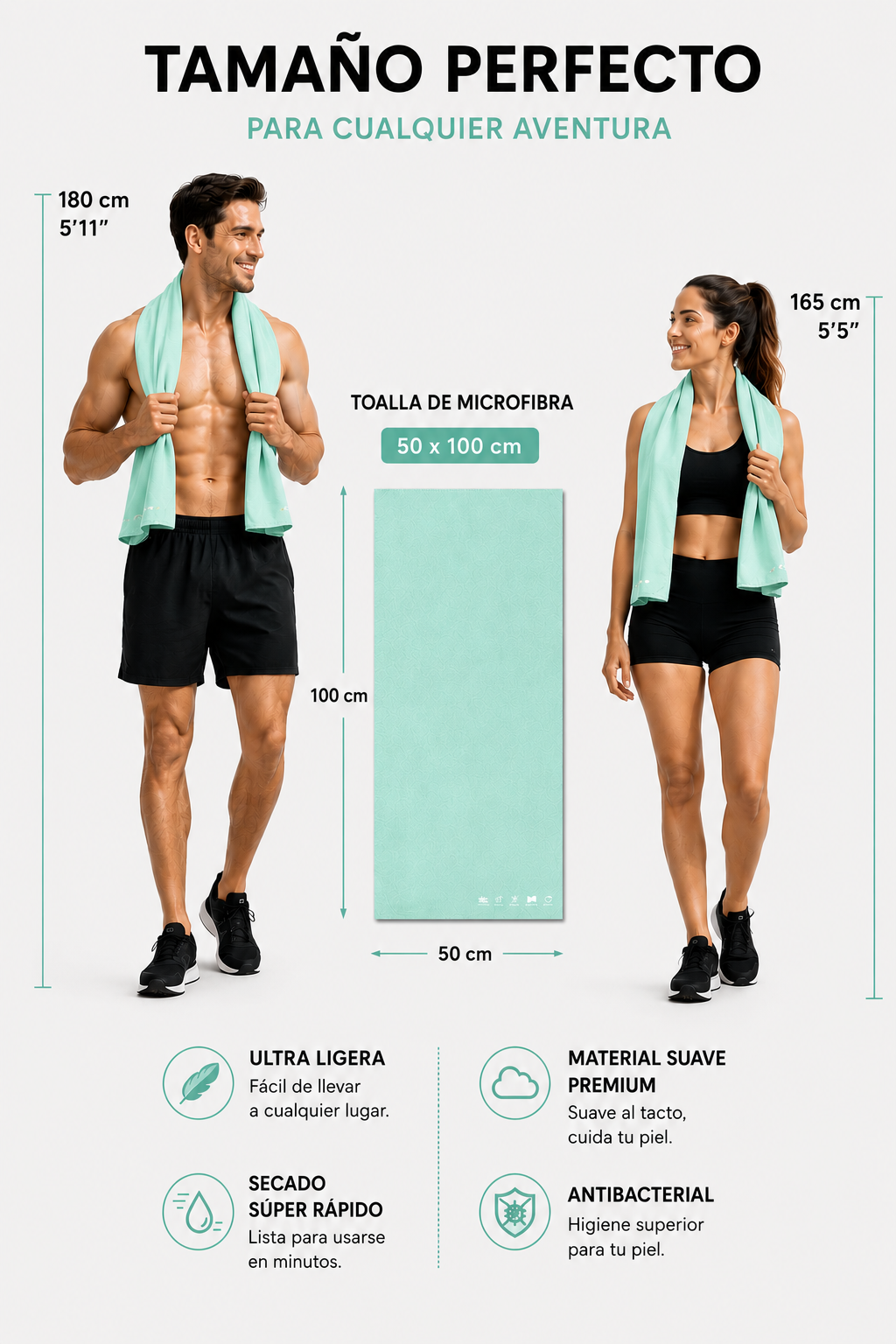 2 pack Toalla de Microfibra para Natación, Gym, Playa 50cm x 100cm Varios colores