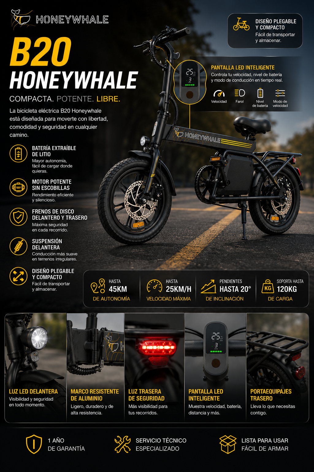 Bicicleta Eléctrica Plegable HONEYWHALE B20-4 | Motor 440W | Llantas 14"