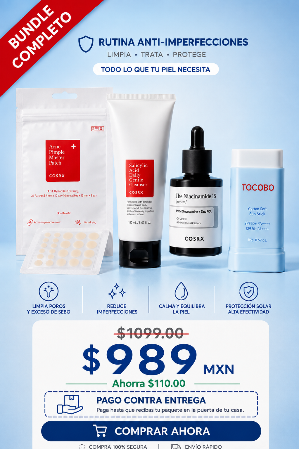 Kit Anti Acné Piel Grasa | Skincare Coreano 4 Piezas | Omere