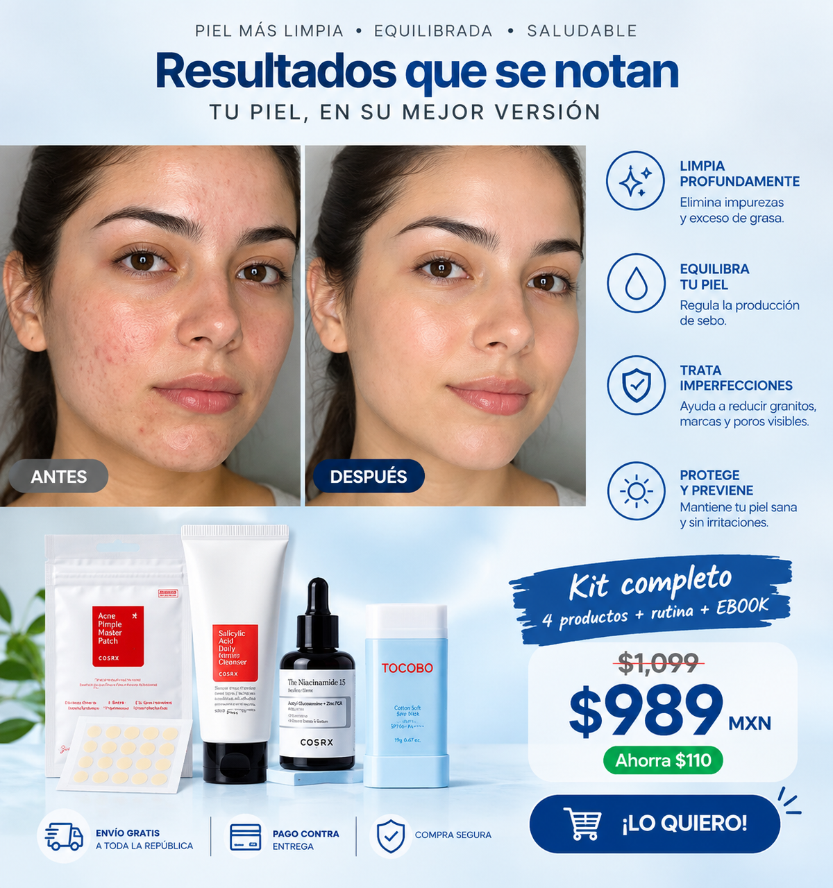 Kit Anti Acné Piel Grasa | Skincare Coreano 4 Piezas | Omere