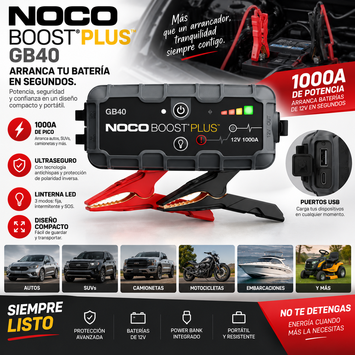 Arrancador de Batería Portátil NOCO Boost Plus GB40 | 1000A 12V