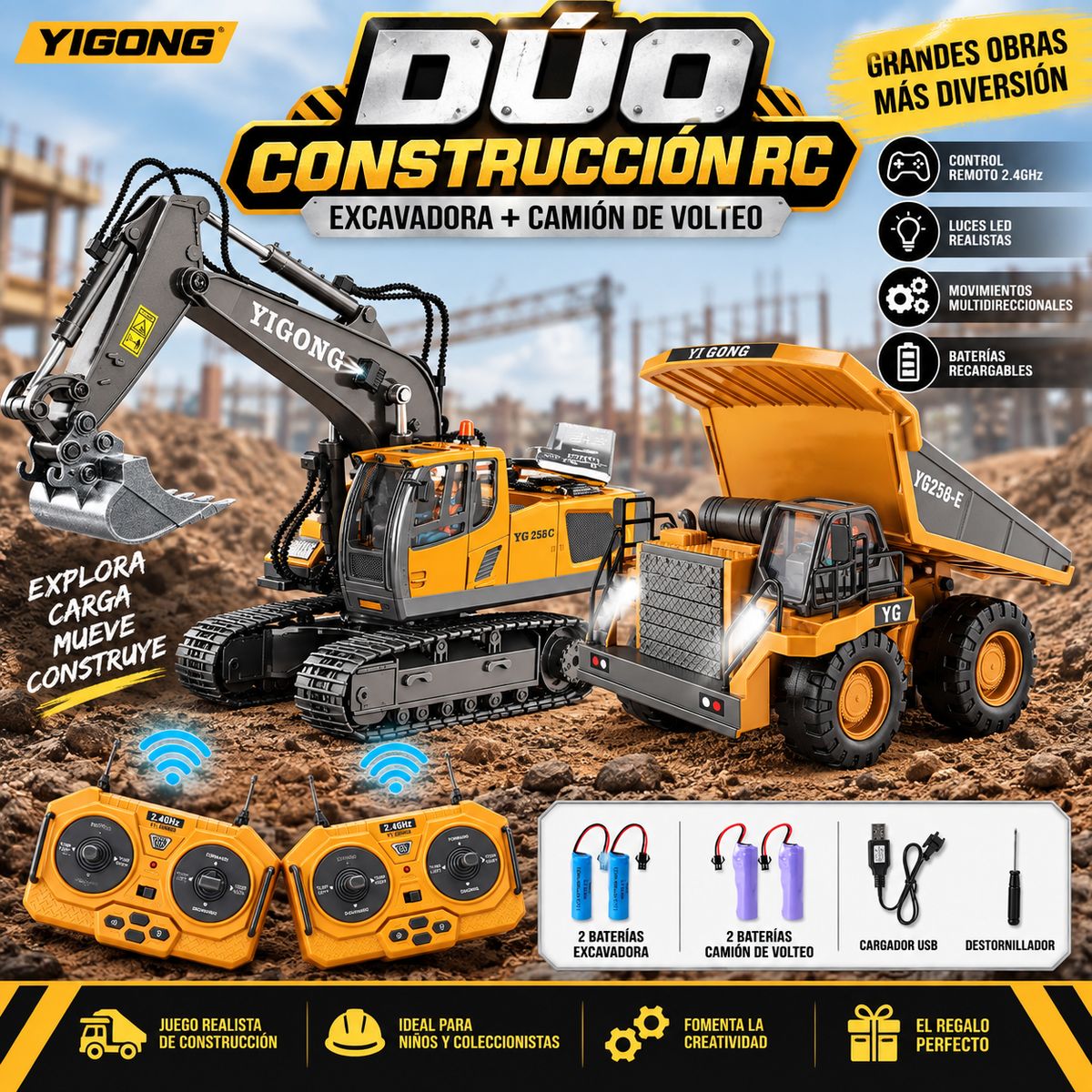 Vehículos RC 1:20 Aleación — Excavadora, Bulldozer y Volteo | Individual, Dúo o Set