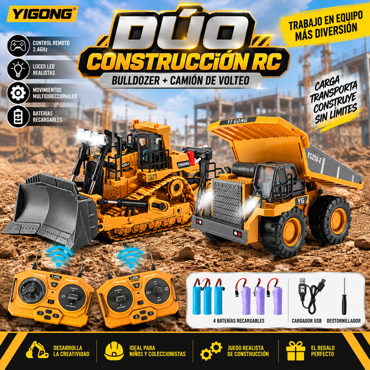 Vehículos RC 1:20 Aleación — Excavadora, Bulldozer y Volteo | Individual, Dúo o Set