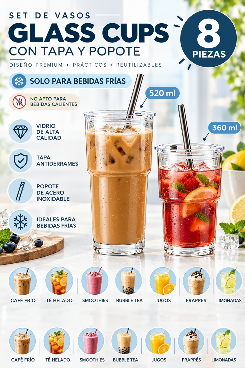 Vasos de Vidrio Crystal King | Set de 8 Piezas con Tapa y popotes de acero inoxidable