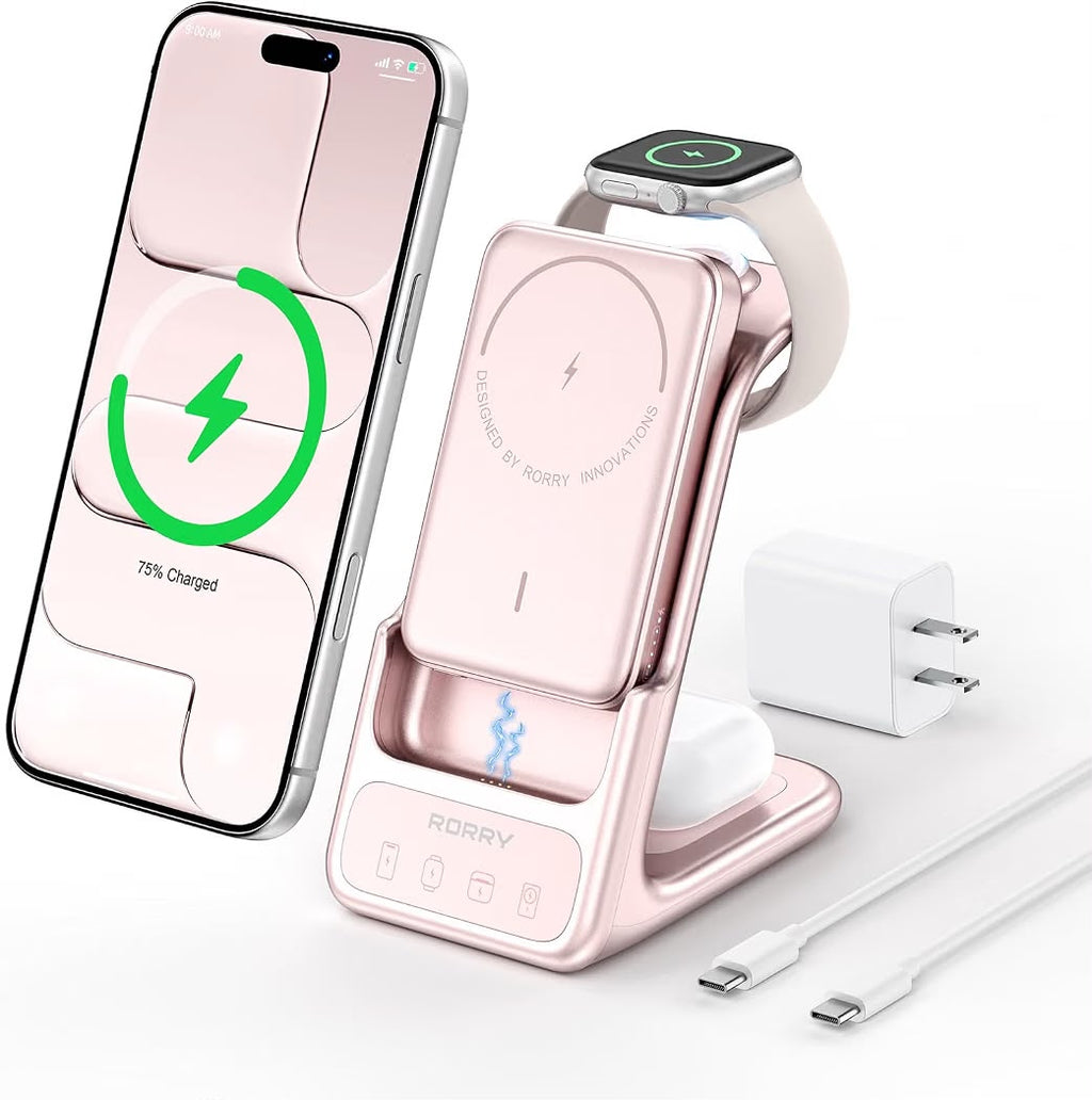 RORRY Power Bank 3 en 1, Portatil Pila para MagSafe 5000mAh Powerbank