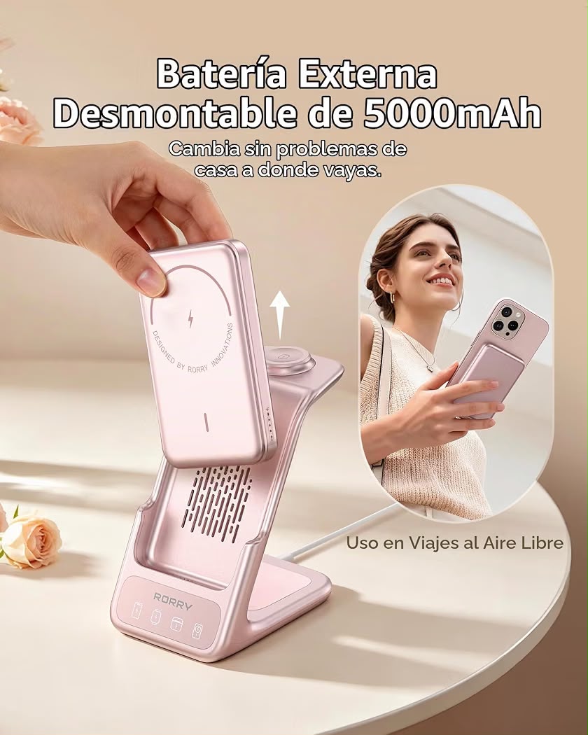 RORRY Power Bank 3 en 1, Portatil Pila para MagSafe 5000mAh Powerbank