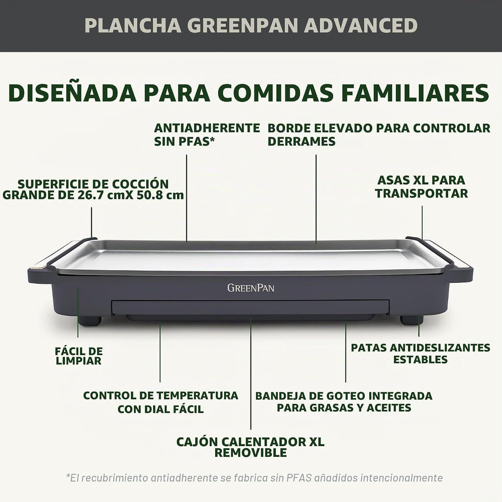 Plancha Eléctrica GreenPan | Antiadherente de Cerámica sin PFAS – Superficie 10.5 x 20"